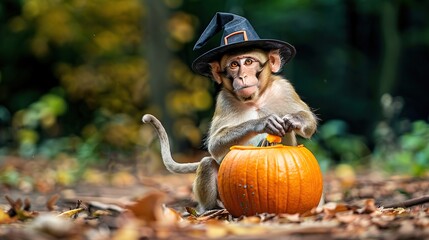 Sticker - Monkey in a Witch Hat Holding a Pumpkin