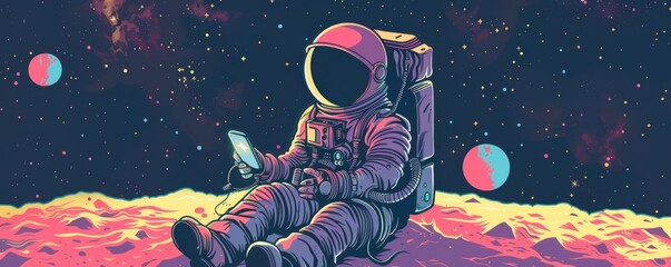 Wall Mural - An astronaut sits on an alien planet, using a mobile phone, surrounded by a stunning space backdrop with planets and stars. Illustration.