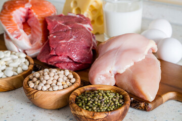 Selection of protein sources in kitchen background