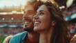 © LukaszDesign - A loving pair goes to a sports arena. A passionate couple embraces. Joy spreads like a fan. Play bet, smile, chick. Charming gentleman, happy romance. Happy partnership in love.
