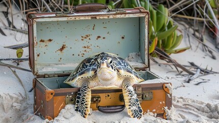 Sticker - Sea Turtle in a Vintage Suitcase on a Sandy Beach