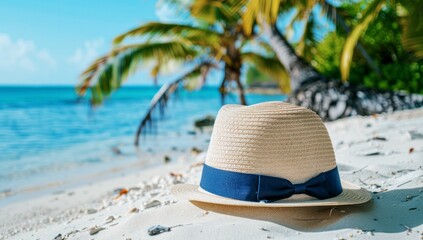 Wall Mural - straw hat with navy ribbon on white sand of exotic beach with palm trees and clear blue ocean in the background, perfect summer vacation