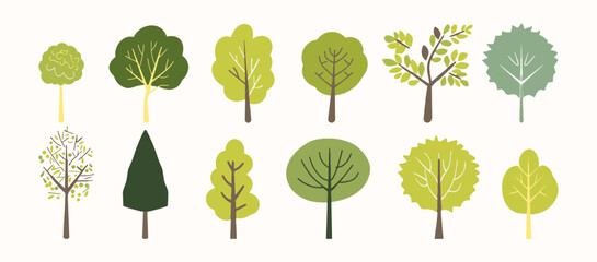 Tree collection hand drawn flat design element. botanical set of bare trees and ones with leaves and lush limited pastel color