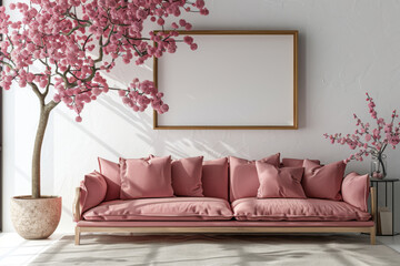Wall Mural - Minimalist Living Room with Pink Sofa and Blooming Cherry Blossom