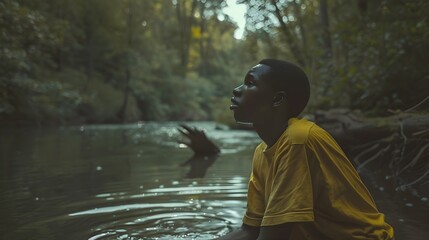 African boy washed his face with water from a forest river