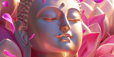 Sticker - A golden Buddha face with pink lotus flower petals on the background