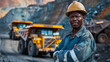 © LomaPari2021 - an african egineer dressed in a clean grey and blue worksuit directing trucks of copper at morden looking mine, clean,generative ai