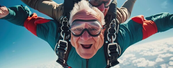 Close-up of a joyful senior man skydiving, capturing his exhilarated expression against a clear blue sky.