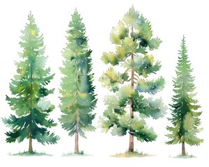 Watercolor Pine Tree. Set of Hand-Painted Fir Trees in Summer Botanical Theme