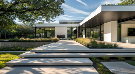 Wall Mural - A sleek, modern home in Texas with flat roofs and large windows showcasing the concrete floor.