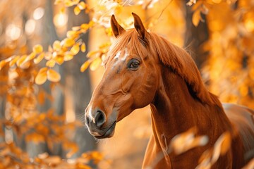 Equestrian Fall. Portrait of Don Breed Horse in Autumn with Autumn Leaves Background