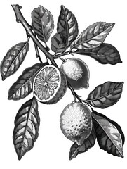 Food Woodcut. Lemon Branch Botanical Drawing in Woodcut Style