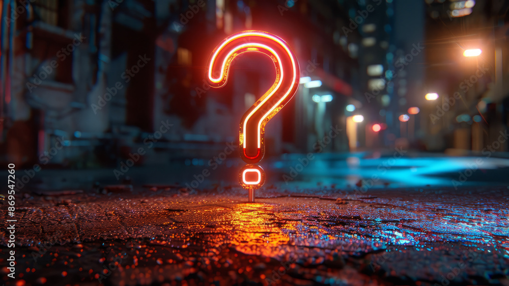 Neon question mark sign glowing on a city street at night. Stock Photo ...