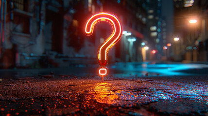 Neon question mark sign glowing on a city street at night.