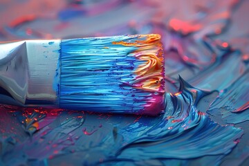 Poster - Vibrant Paintbrush with Colorful Oil Paint in Textured Studio Setting