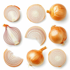 Collection of delicious onion pieces, isolated on a white background.