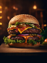 Poster - hamburger on a wooden background