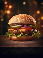 Poster - hamburger on a wooden background