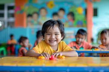 Wall Mural - Photography of children portrait from Indonesia in a preschool or kindergarten class.