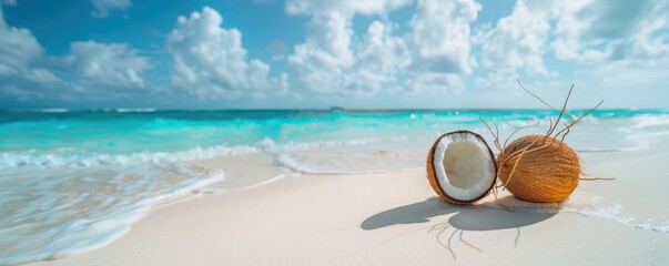 Wall Mural - Tropical beach scene with coconuts and a yellow umbrella on white sand, evoking a relaxing and sunny vacation vibe. Free copy space for text.