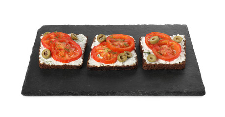 Wall Mural - Delicious ricotta bruschettas with sliced tomatoes, olives and greens isolated on white
