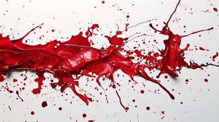 Dynamic ruby red paint splashes creating an artistic pattern on a white background.