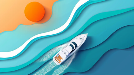 Abstract paper cut of a luxury yacht at sea with blue and orange waves, a top view banner background for a summer vacation concept design