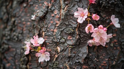 Wall Mural - Pink cherry blossoms blooming on rough, dark tree trunk Close-up view