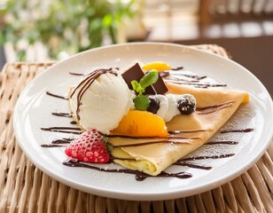 Wall Mural - Delicious crepe with fresh fruits, vanilla ice cream and whipped cream with chocolate pieces on top served in white plate 