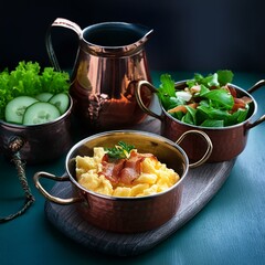 Wall Mural - Delicious homemade scrambled eggs with bacon served in cute little copper casserole with fresh lettuce, cucumber and tomatoes slices in an other little copper casserole for a traditional and healthy b