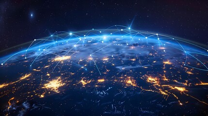 Futuristic globe centered on America, showcasing cyber technology and international telecommunication with a web of light trails
