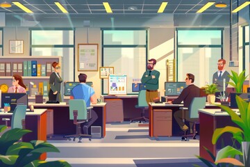 Wall Mural - Cartoon-style busy office scene, playful and colorful, perfect for business and teamwork themes.