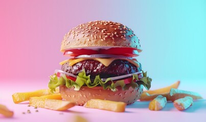 Wall Mural - Gourmet Burgers with Truffle Fries, Cut Out on Gradient Background