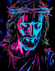 Wall Mural - Jesus Christ in neon colours. AI generative.