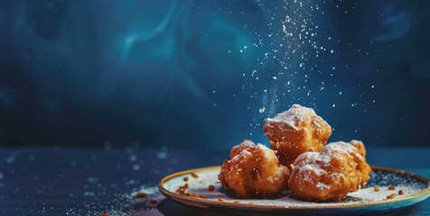 Delicious powdered sugar fritters on plate with dark blue background
