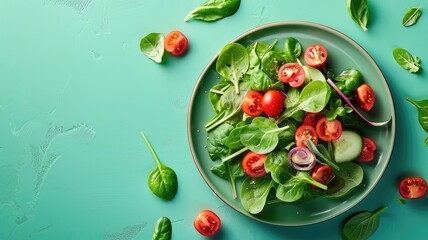 Wall Mural - Fresh mixed green salad with cherry tomatoes and cucumber slices on teal surface