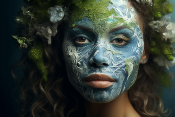 Poster - Generated AI portrait of mother earth face surrounded by trees and flowers