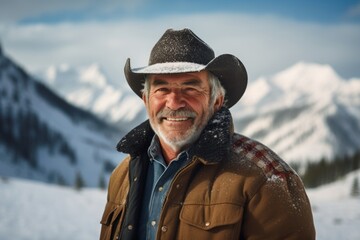Wall Mural - Portrait of a smiling man in his 70s wearing a rugged cowboy hat in front of pristine snowy mountain