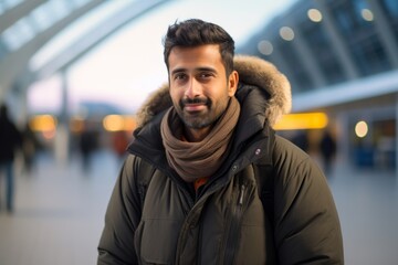 Poster - Portrait of a blissful indian man in his 30s donning a durable down jacket while standing against bustling airport terminal background