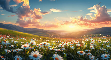 Canvas Print - Impressionist Spring and Summer Landscape with Daisy Field and Green Hills at Sunset