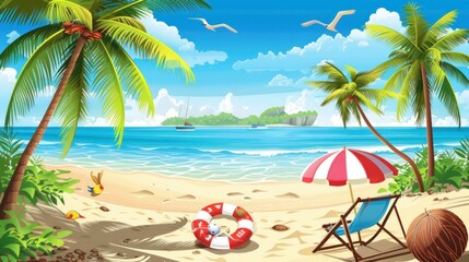 Wall Mural - Coconut trees and lounge chairs, summer island beach, 3d illustration