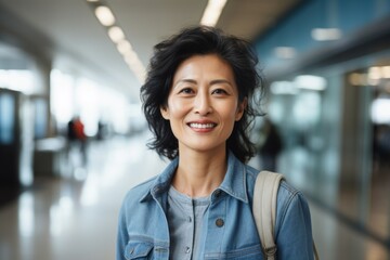 Wall Mural - Portrait of a satisfied asian woman in her 50s sporting a versatile denim shirt over bustling airport terminal