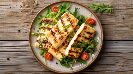 Traditional grilled halloumi cheese on plate on wooden background. Top view, above