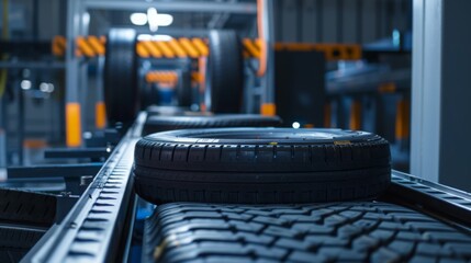 Poster - A close-up view of a tire moving along a conveyor belt in a factory setting. The tire is in focus, while the surrounding machinery and other tires are blurred in the background.