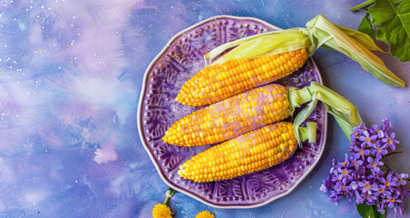 Wall Mural - Three corns on purple plate with flowers