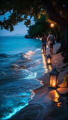 Poster - a couple of people walking down a beach next to the ocean