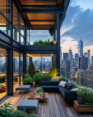 Wall Mural - a balcony with a couch, tables, and a view of the city