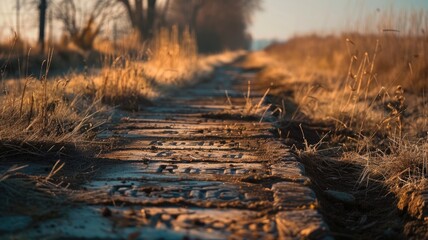 Wall Mural - Remote rural pathway with engraved stones and wild grass on either side, during sunrise