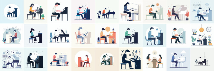 Canvas Print - vector set of people playing the piano in flat design style