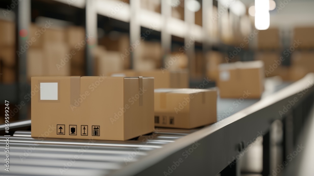 Detailed view of cardboard boxes moving on a conveyor belt in a ...